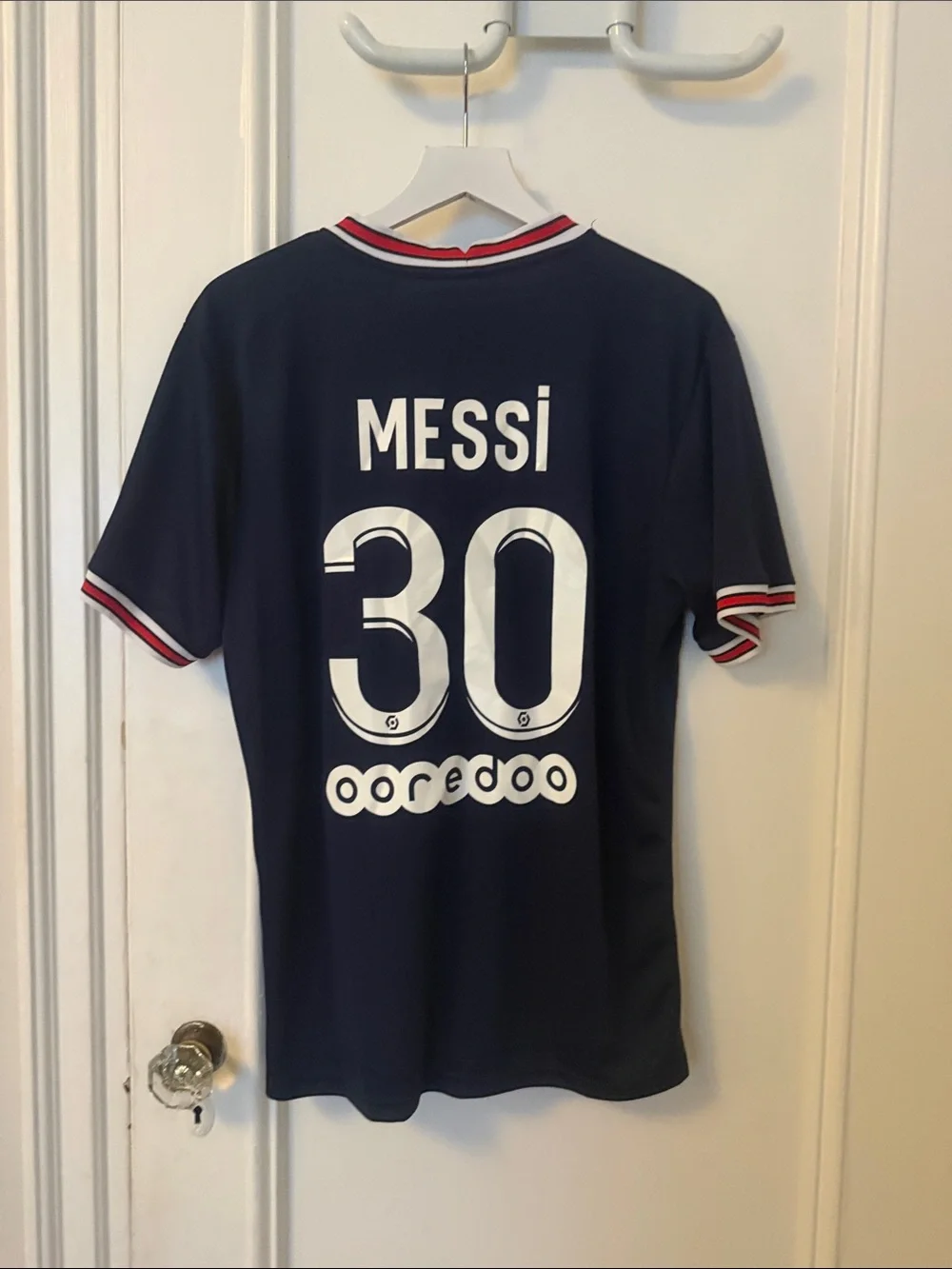 Messi Short-Sleeve Navy Soccer Jersey with Red/White Trim